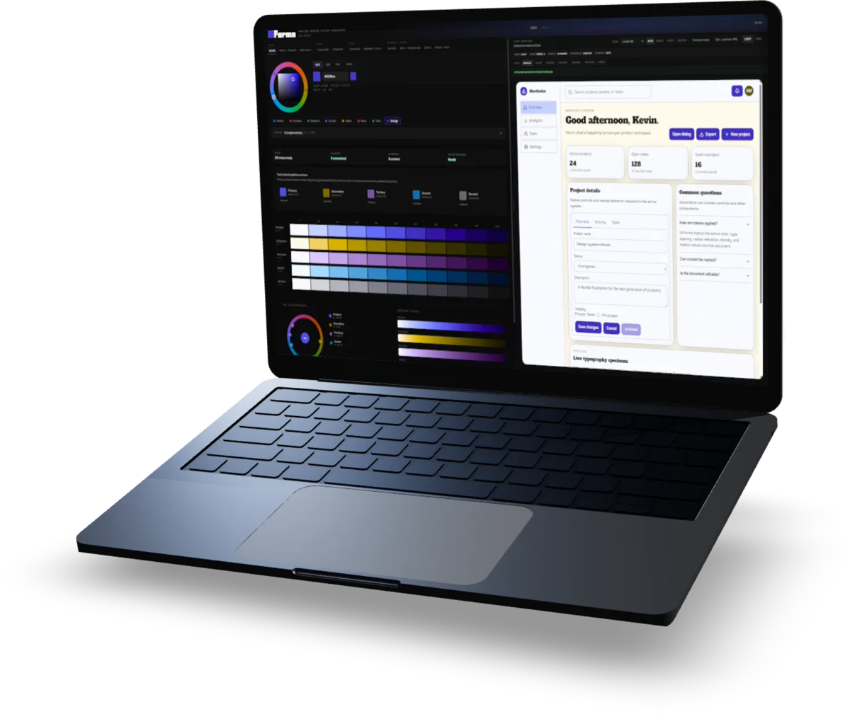 UIForma color-system editor and project brief screens shown on a laptop