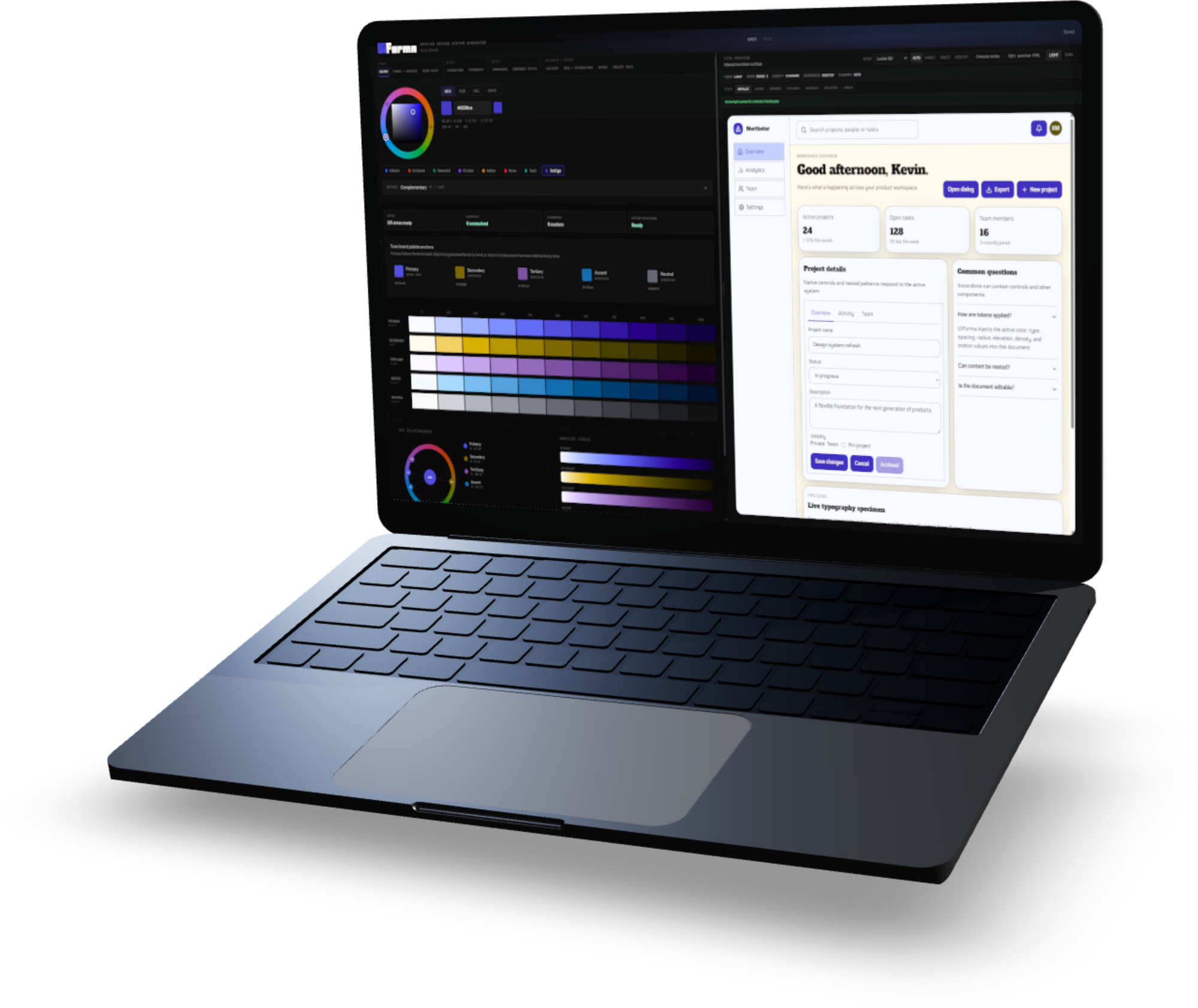 UIForma app shown on a laptop: color system editor and project brief screens