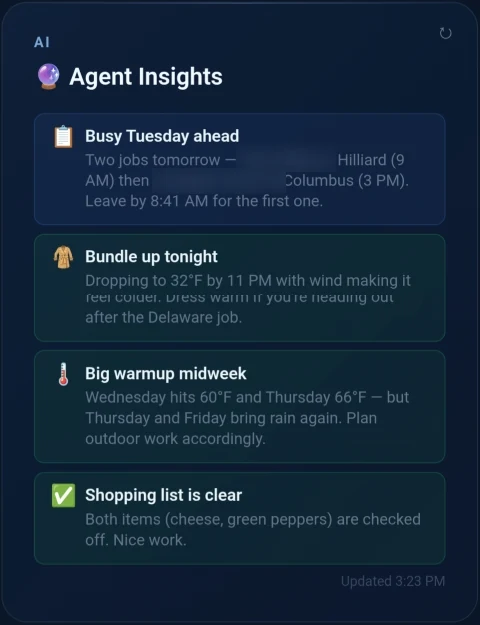 Clio's Agent Insights card from the working app: Busy Tuesday ahead, Bundle up tonight, Big warmup midweek, and Shopping list is clear