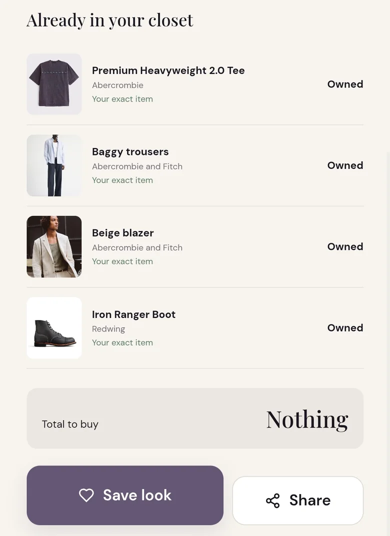 Occasion breakdown of a look: four items, each marked Owned, and Total to buy: Nothing
