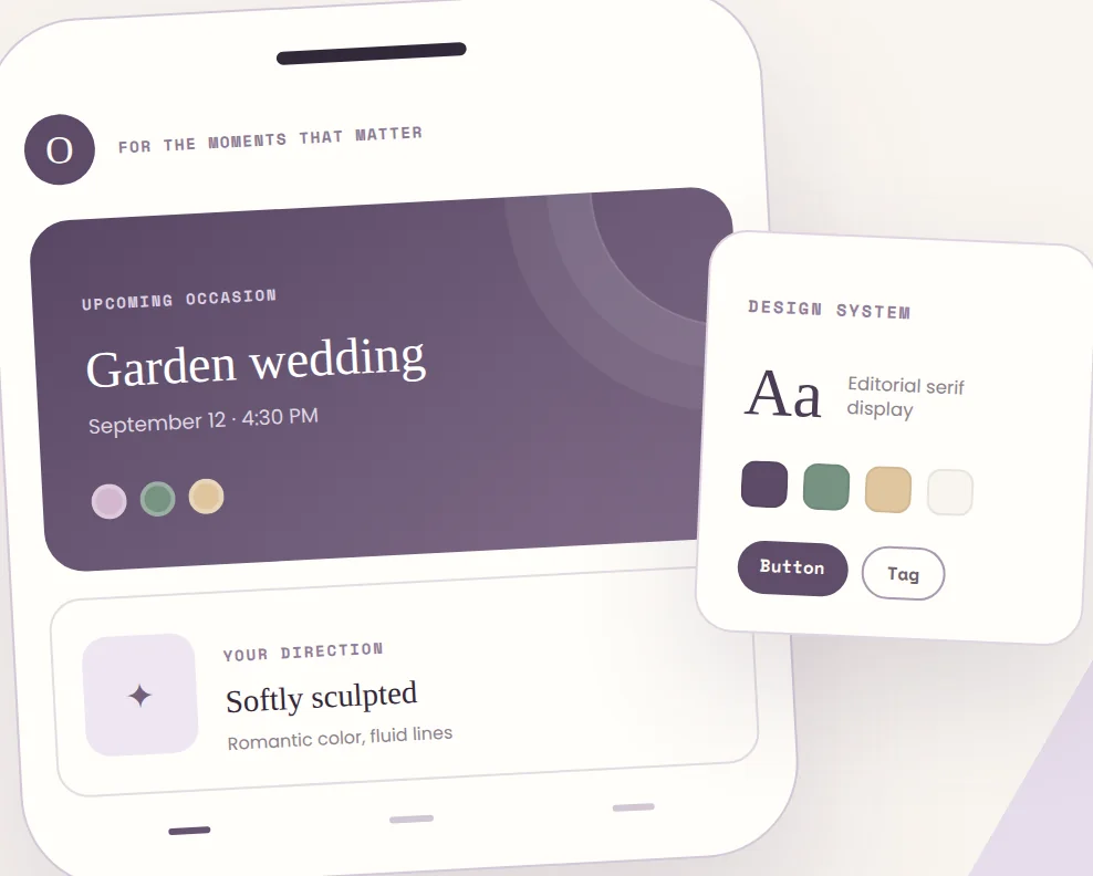 Occasion's concept: an upcoming garden wedding, a suggested style direction, and its design system