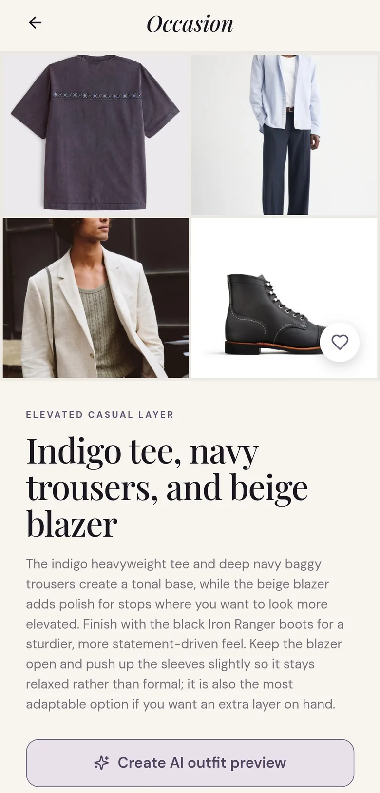 An Occasion look: Indigo tee, navy trousers, and beige blazer, with photos of each piece and a short styling note