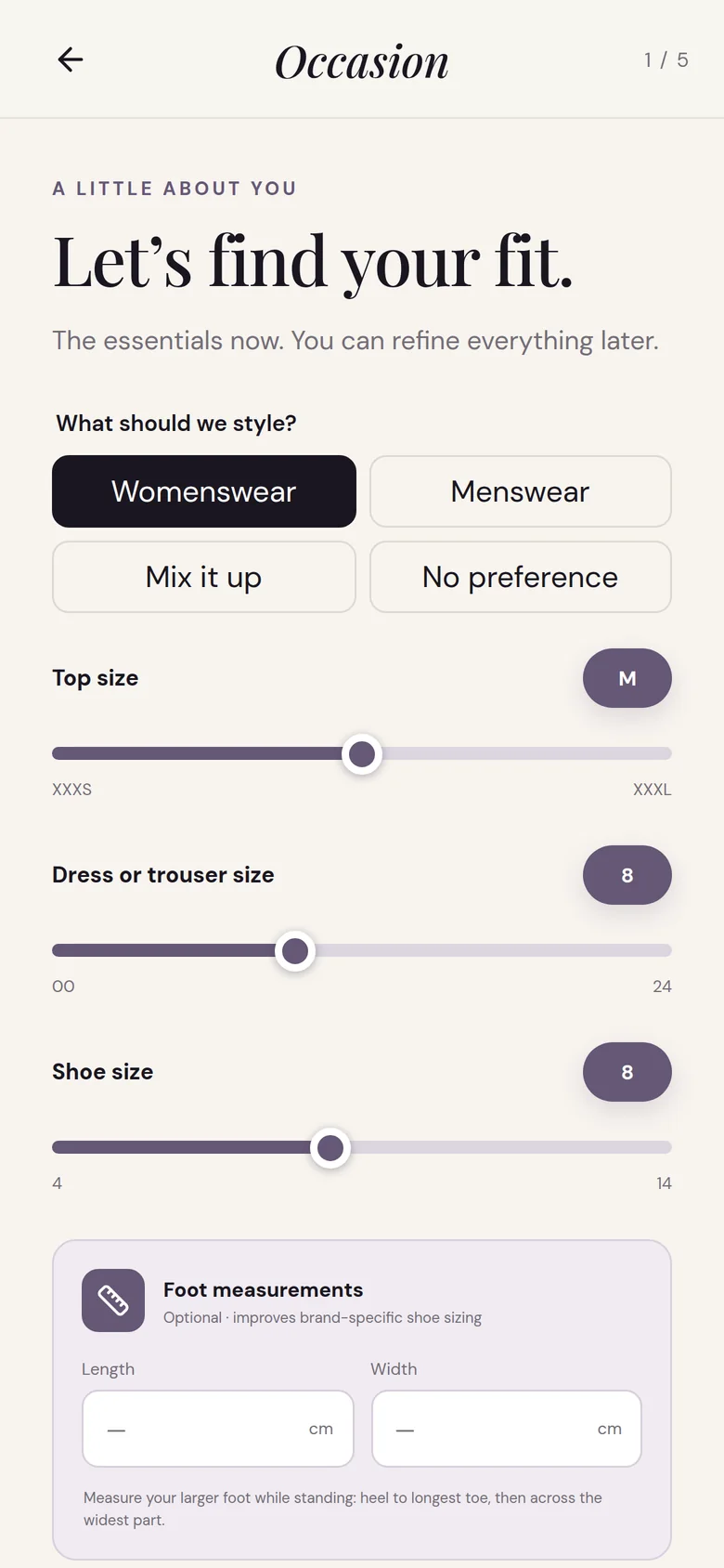 Occasion fit profile: style choice buttons and sliders for top, dress, and shoe size