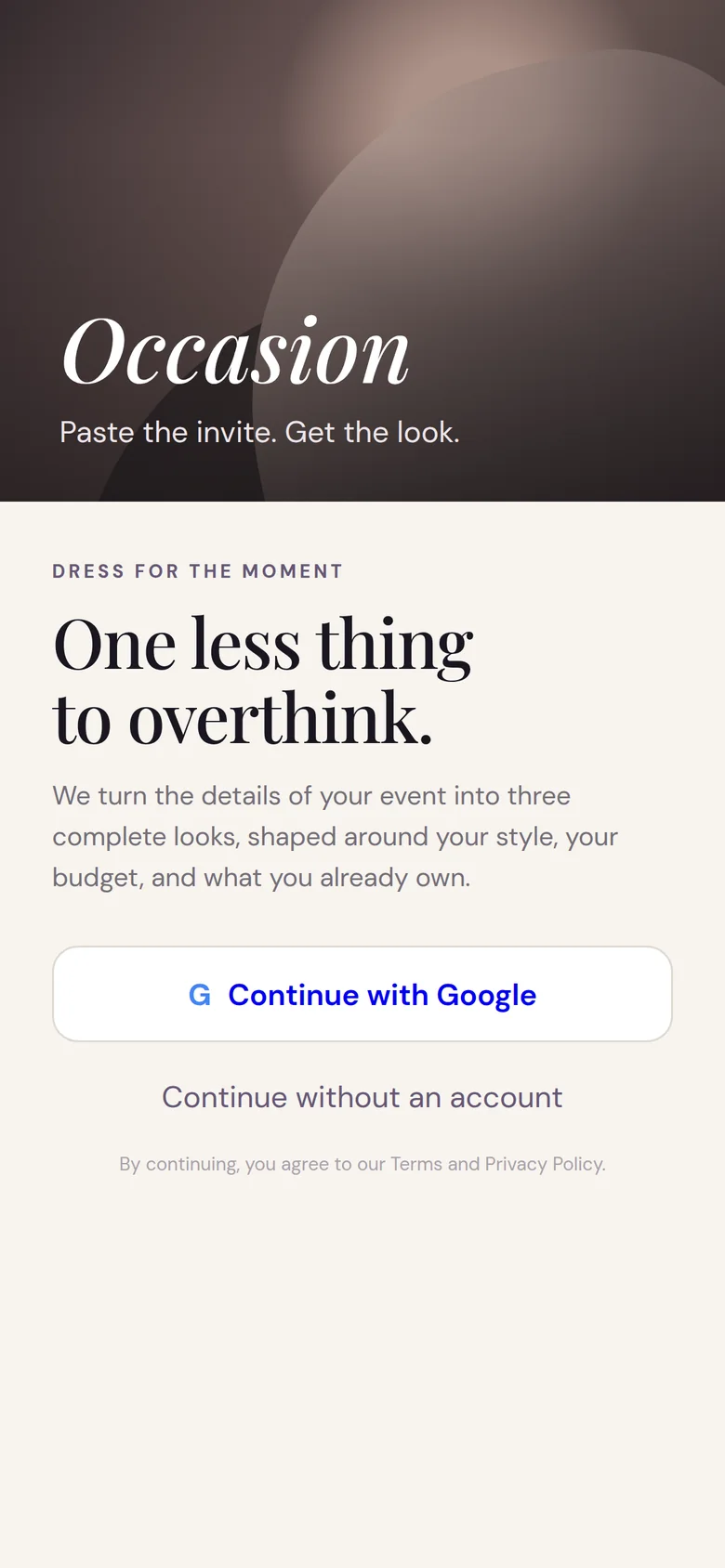 Occasion welcome screen: Paste the invite. Get the look. One less thing to overthink.